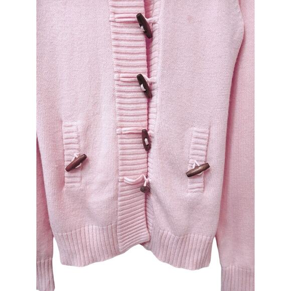 VTG 80s Chunky Cardigan Sz M Pink Knit Wood Toggle Buttons Hooded Barbiecore EUC - Picture 7 of 7